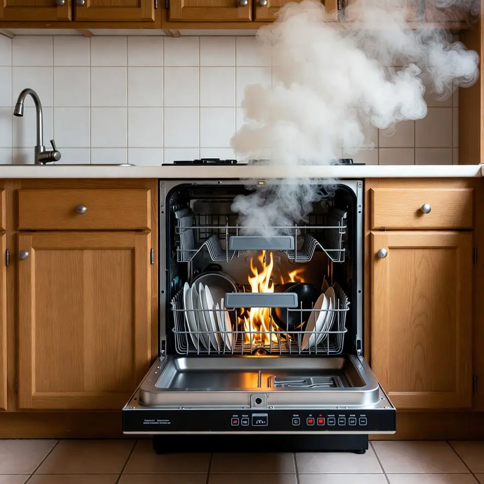 Dishwasher on fire with smoke filling a kitchen showing the danger of faulty heating elements in Lexington KY homes