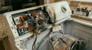 Dryer destroyed by fire caused by lint buildup and clogged vent in a Lexington KY laundry room