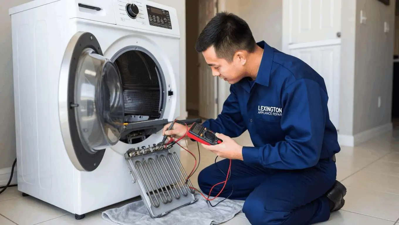 Lexington Appliance Repair technician diagnosing a front-load dryer with a multimeter in a Lexington KY home
