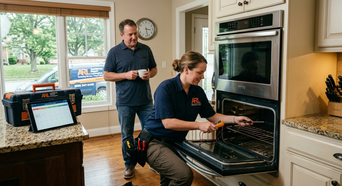 Certified oven repair technician diagnosing a built-in wall oven in a Lexington KY home
