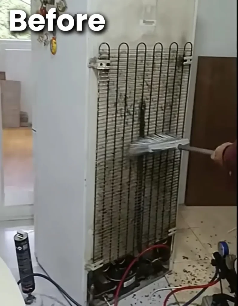 Dirty clogged refrigerator condenser coils before repair — Appliance Repair Lexington KY