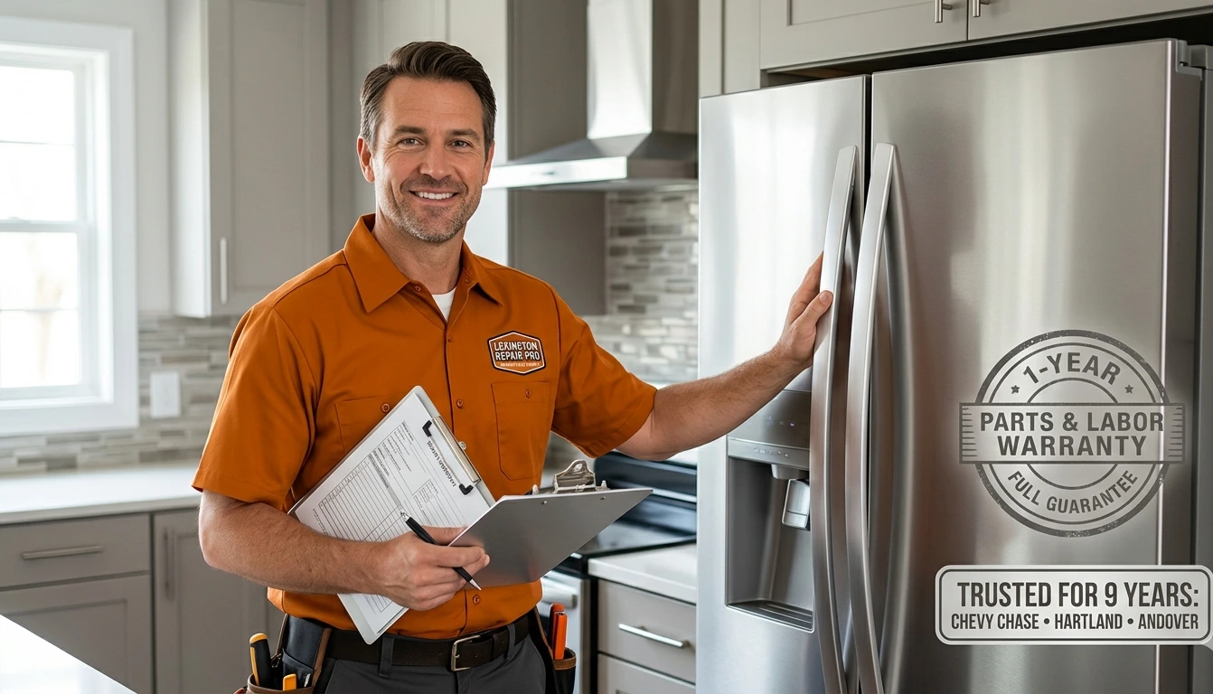 A professional refrigerator repair technician in an orange uniform holding a clipboard and standing confidently next to a modern stainless steel refrigerator with a 1-year parts and labor warranty seal.