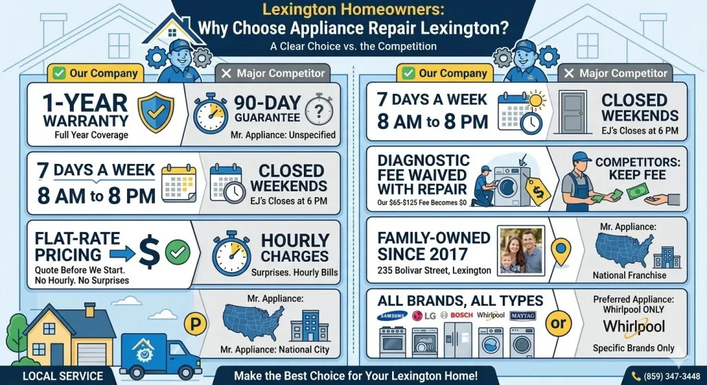 Infographic comparing Appliance Repair Lexington KY to competitors showing 1-year warranty flat-rate pricing and 7-day service